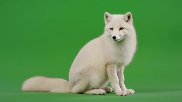 Arctic fox sitting calmly on a green screen background in this motion video footage captured for professional wildlife production projects