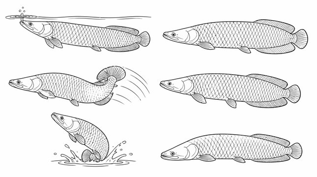 Arapaima Fish Illustrations Set in Various Dynamic Poses