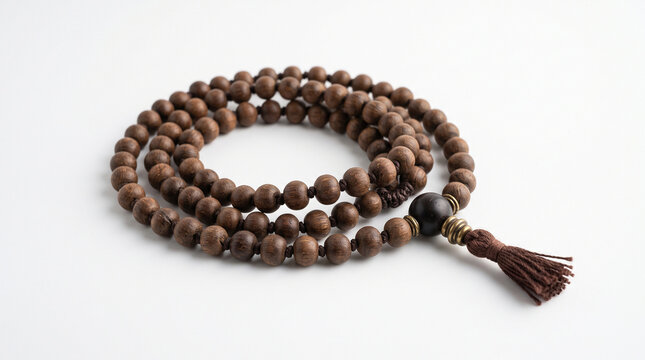 A traditional wooden mala prayer bead necklace with a tassel on white background.
