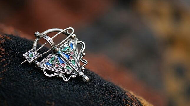 Traditional silver fibula brooch with colorful enamel on dark fabric