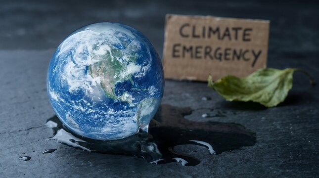 Melting ice cube shaped like Earth on dark surface