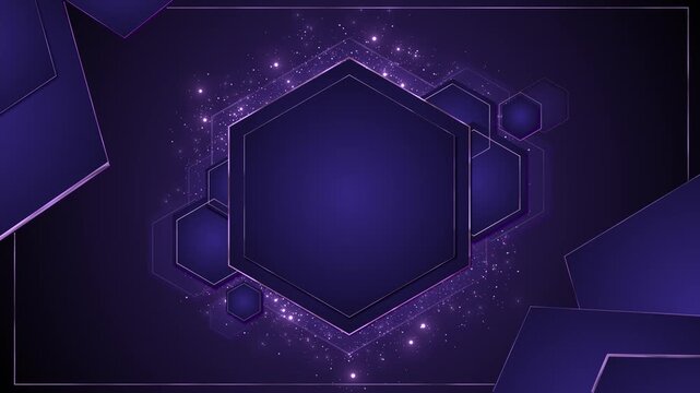 Purple hexagon frame background glowing particles, layered polygon shapes, soft light, elegant empty center. luxury titles, tech promos, award videos, presentation screens, and stylish motion overlays