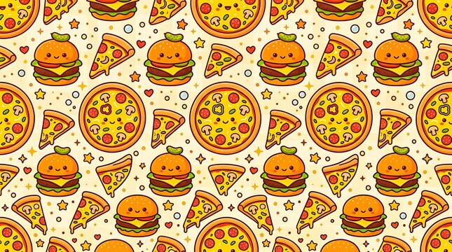 Cute kawaii fast food seamless pattern with pizza and burger