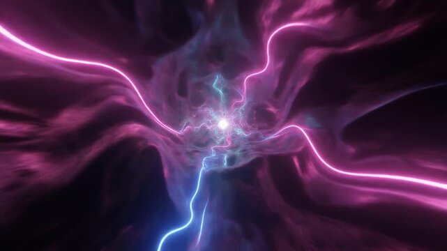 Glowing blue and purple energy tunnel animation featuring dynamic lightning bolts traveling through a dark mysterious interdimensional cosmic space vortex