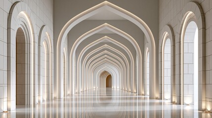 Obraz premium Minimalist Islamic architectural 3D rendering of a grand hall with illuminated arches creating a tranquil tunnel perspective, a concept for luxury real estate and spiritual journeys.