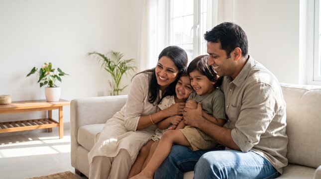 Indian Family Relaxing Together on Sofa in Bright Minimalist Home Showing Love, Happiness and Connection, Contemporary Family Lifestyle, Modern Indian Household, Parenting and Home Living