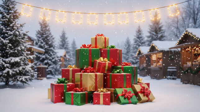 Festive gift boxes displayed under a luminous discount sign, with snow gently covering the ground. Christmas gift boxes under glowing discount banner in snow
