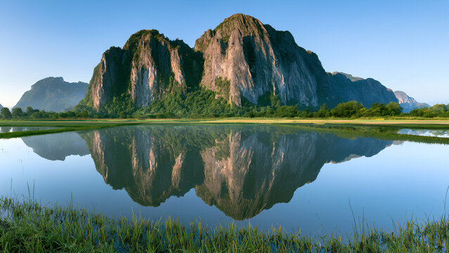 Karst Limestone Peaks Reflected in Flooded Rice Paddies at Sunrise