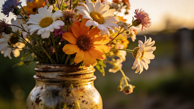 Bright flowers in a glass jar in a field at sunset near a rural area during a warm evening
