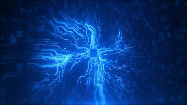 Blue circuit microchip technology background glowing board traces, central processor, digital energy lines. AI , hardware promos, software intros, electronics presentations, innovation overlays.