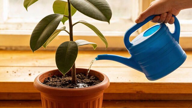 Watering a small ornamental plant indoors with a blue watering can