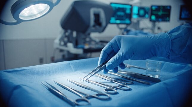 Robotic surgery medical equipment, surgeon hand in blue glove holding surgical forceps, high-tech operating room with robotic assisted system
