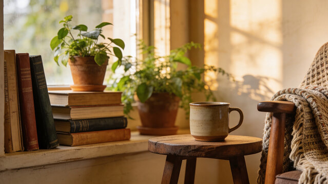 Cozy corner with plants and books in warm morning light at home