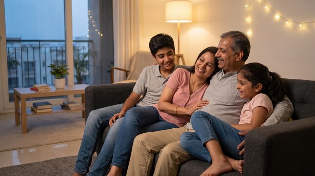 Realistic Indian Family Relaxing Together at Home on Sofa During Evening, Family Bonding, Modern Lifestyle, Happy Parents and Children in Contemporary Living Room, Domestic Happiness, Authentic Home 