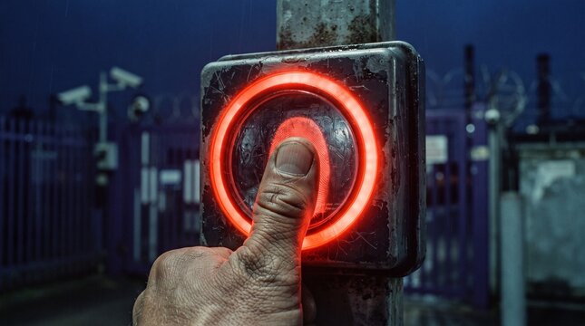 Biometric fingerprint scanner with glowing red light, security access control system at industrial facility, person using thumbprint reader for entry