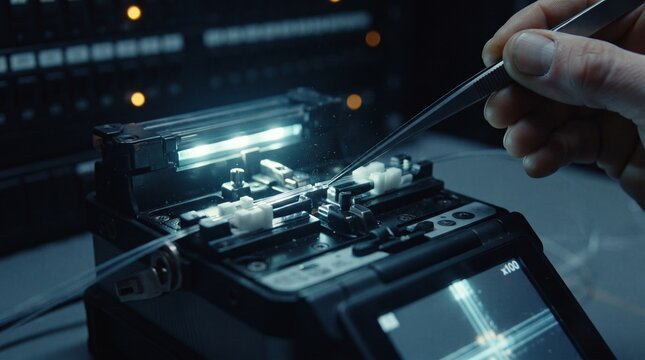 Fiber optic fusion splicer machine in operation, technician hand using tweezers for precision cable connection, high-tech telecommunications equipment