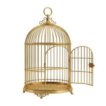 Decorative golden bird cage with open door isolated on transparent background