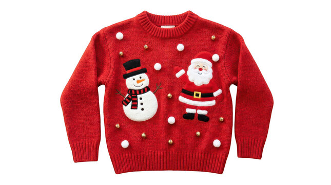 Red christmas sweater with snowman and santa claus isolated on transparent background