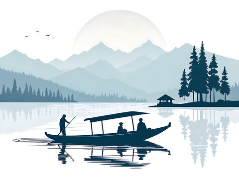 Modern minimal vector illustration of the Shikara boat on Dal Lake, isolated on white background, simple silhouette