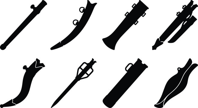 Collection of black silhouette sword scabbards and dagger sheaths for historical and fantasy weapon design