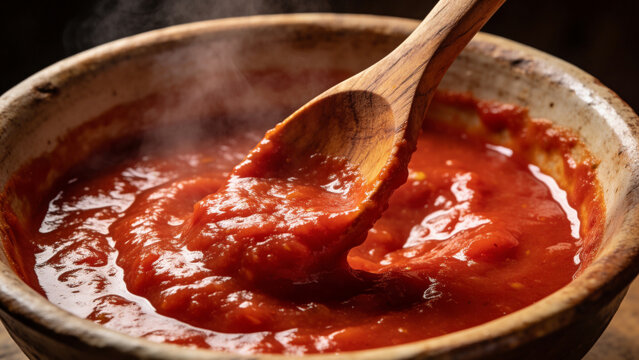 Cooking fresh tomato sauce in a clay bowl with steam rising from the surface