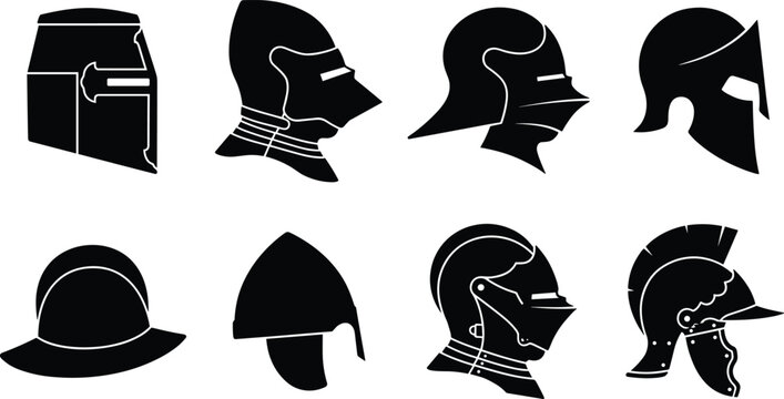 Collection of historical medieval knight and ancient Spartan warrior helmet silhouettes in black and white