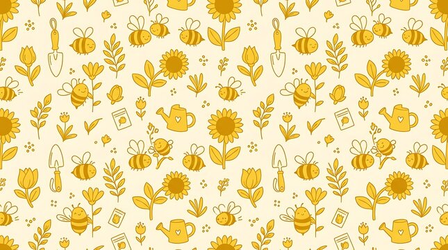Cute gardening doodle pattern with bees sunflowers and watering cans