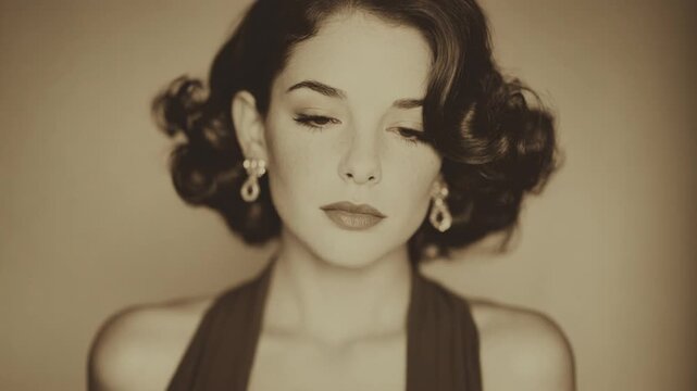 Elegant woman with retro hairstyle and makeup gently closing her eyes in a sepia toned portrait
