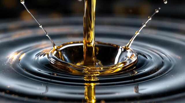 Slow motion of a golden drop falling and splashing into dark fluid, creating ripples and a crown