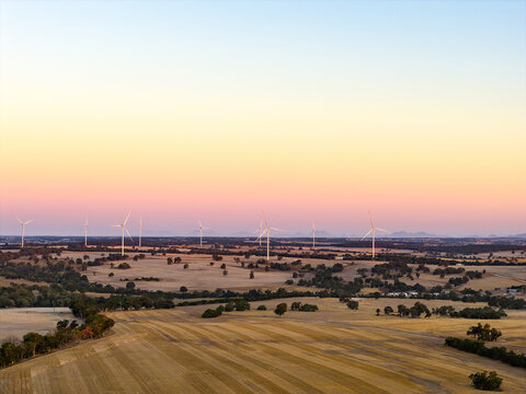 Wind turbines at sunset rising above rolling paddocks
