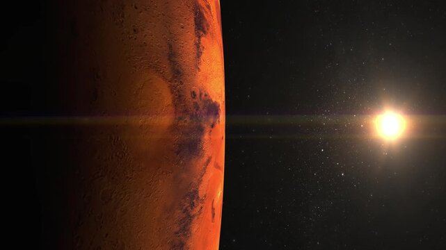 Mars space flight over red planet slowly rotating on left with twinkling stars and sun in frame in 4K Ultra HD footage.
