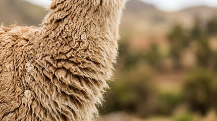 Fototapeta premium Close up view of fluffy alpaca wool texture against mountain backdrop