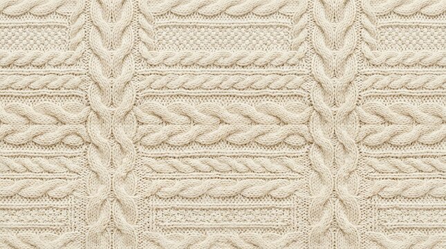 Close up of off white woolen cable knit fabric pattern