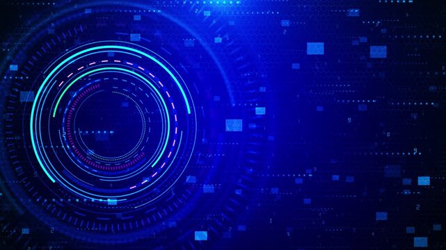Blue digital HUD data background circular rings, hex pattern, floating squares, and glowing interface elements. AI , analytics dashboards, cyber intros, software promos, and futuristic motion graphics