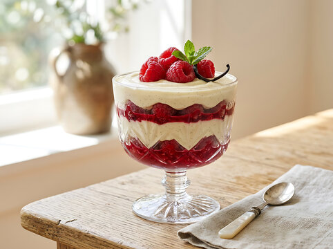 A delicious layered raspberry trifle dessert served in a crystal glass bowl on a rustic wooden table.