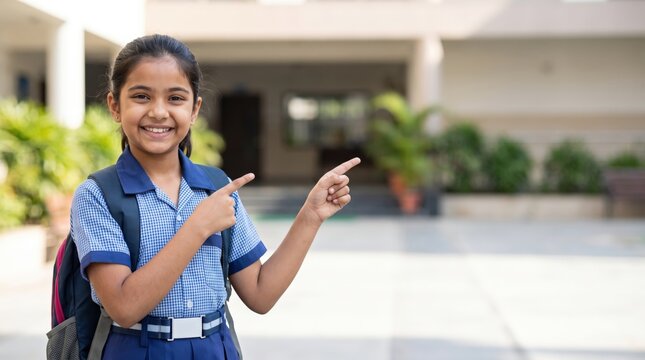 Smiling Young Indian Schoolgirl Pointing to Copy Space in Modern School Uniform with Backpack, Education Promotion, Student Lifestyle, Back to School, Academic Success and Learning Concept