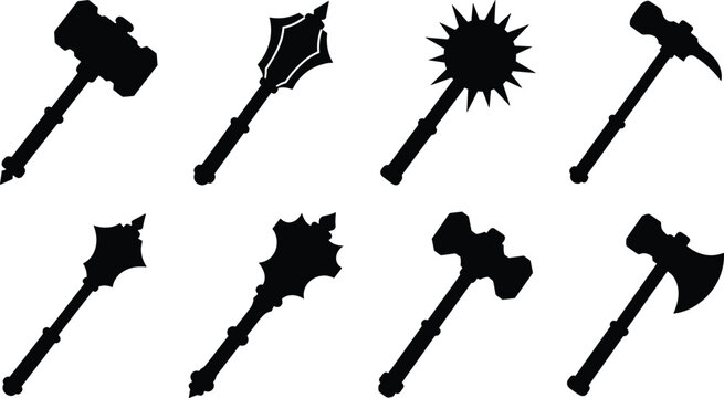 Medieval melee weapon silhouettes featuring maces, morning stars, war hammers, and battle axes on white background