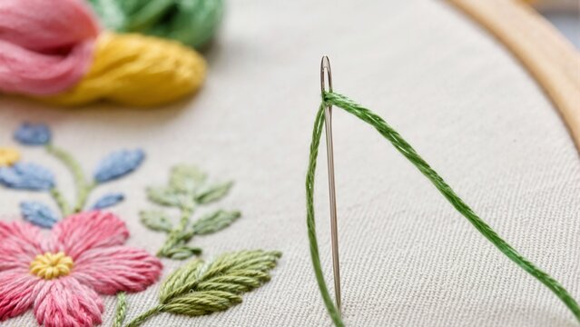 Macro close up of silver needle threaded with green embroidery floss. Detailed needlework craft on white fabric with blurred pink floral pattern. Handmade textile art