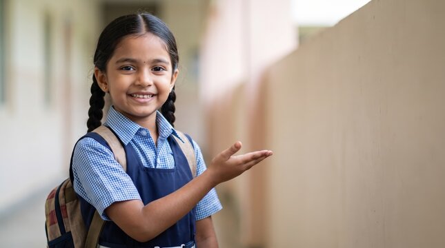 Realistic Smiling Indian Elementary School Girl in Clean School Uniform with Backpack Pointing to Copy Space, Modern Education, Back to School, Child Development and Learning Concept