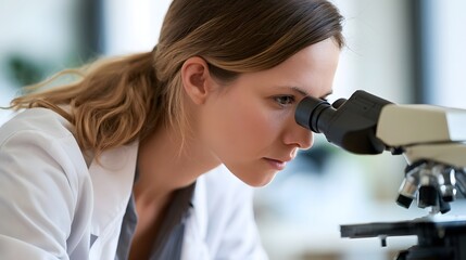 Fototapeta premium A focused individual examining a specimen through a microscope in a well lit laboratory environment