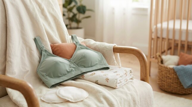 Comfortable green nursing bra and reusable pads on chair in nursery. Maternity underwear and folded baby swaddle blanket. Breastfeeding essentials and motherhood preparation