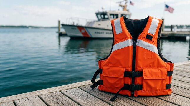Orange life jacket on a wooden dock. U.S. Coast Guard boat with American flag in blurred background. Maritime safety and rescue equipment concept