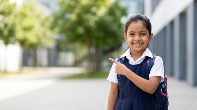 Realistic Smiling Indian Elementary School Girl in Clean School Uniform with Backpack Pointing to Copy Space, Modern Education, Back to School, Child Development and Learning Concept