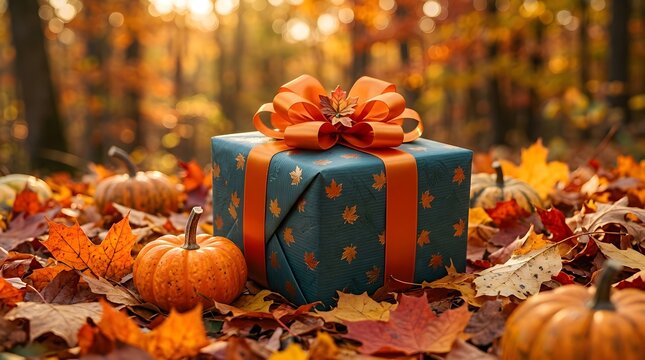 Autumn gift box with pumpkins and maple leaves festive fall season present with orange ribbon