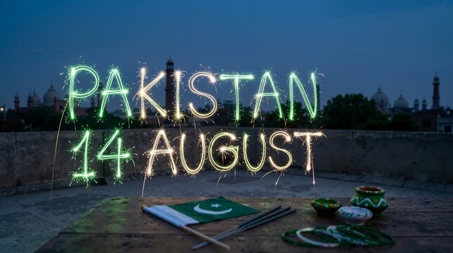 Pakistan 14 August written with sparkler light trails. Independence Day celebration on a rooftop with Pakistani flag and Badshahi Mosque silhouette
