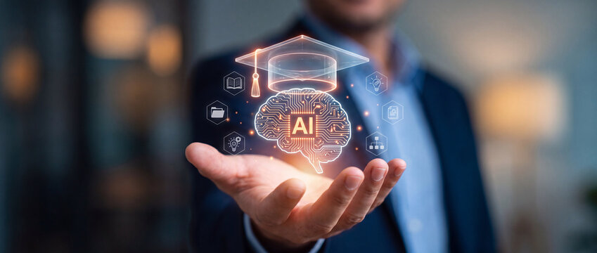 AI education and smart learning concept featuring a glowing digital brain hologram with a graduation cap above a businessman's hand with bright neon light effects for edtech presentations