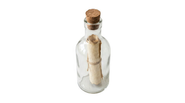 A vintage paper scroll inside a glass bottle with a cork stopper isolated on transparent background