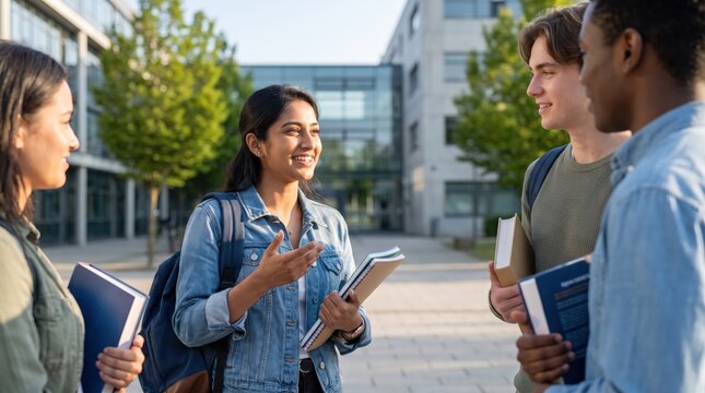 Happy Young Indian College Student with Diverse Friends on Modern University Campus, Education Learning and Academic Success, Youth Friendship and Campus Lifestyle, Scholarship Opportunity