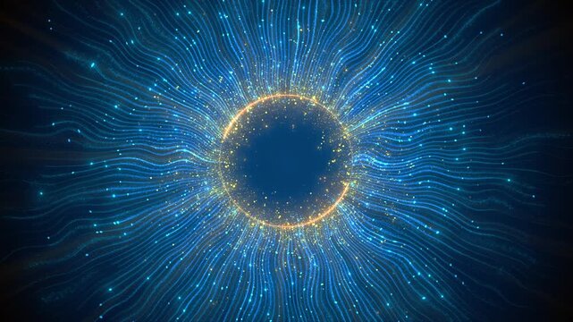 Blue golden energy sphere background flowing radial lines, particle sparks, glowing circle, deep sci fi atmosphere. technology videos, science intros, neural visuals, data motion, futuristic overlays.