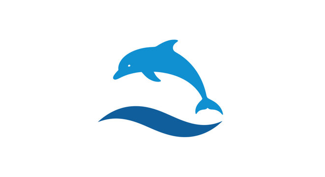 A simple blue icon of a dolphin jumping over a stylized ocean wave